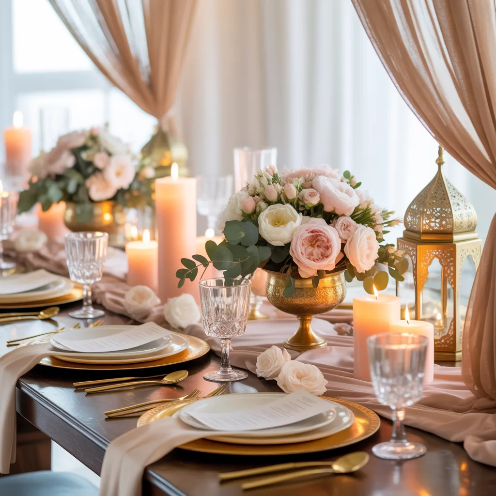 Elegant event decoration setup with refined table styling, soft florals, candles, and premium neutral tones for Maison Sara homepage hero section.