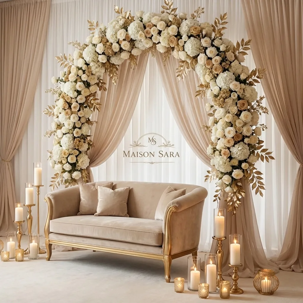 Elegant engagement decoration with flowers, candles, and soft neutral tones for Maison Sara service section.