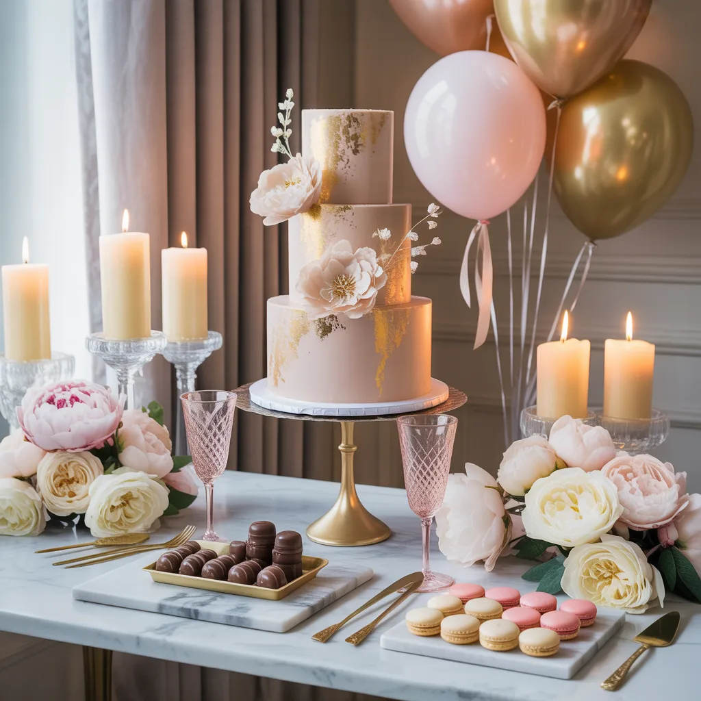 Elegant birthday decor with cake table, flowers, candles, and refined neutral balloons.