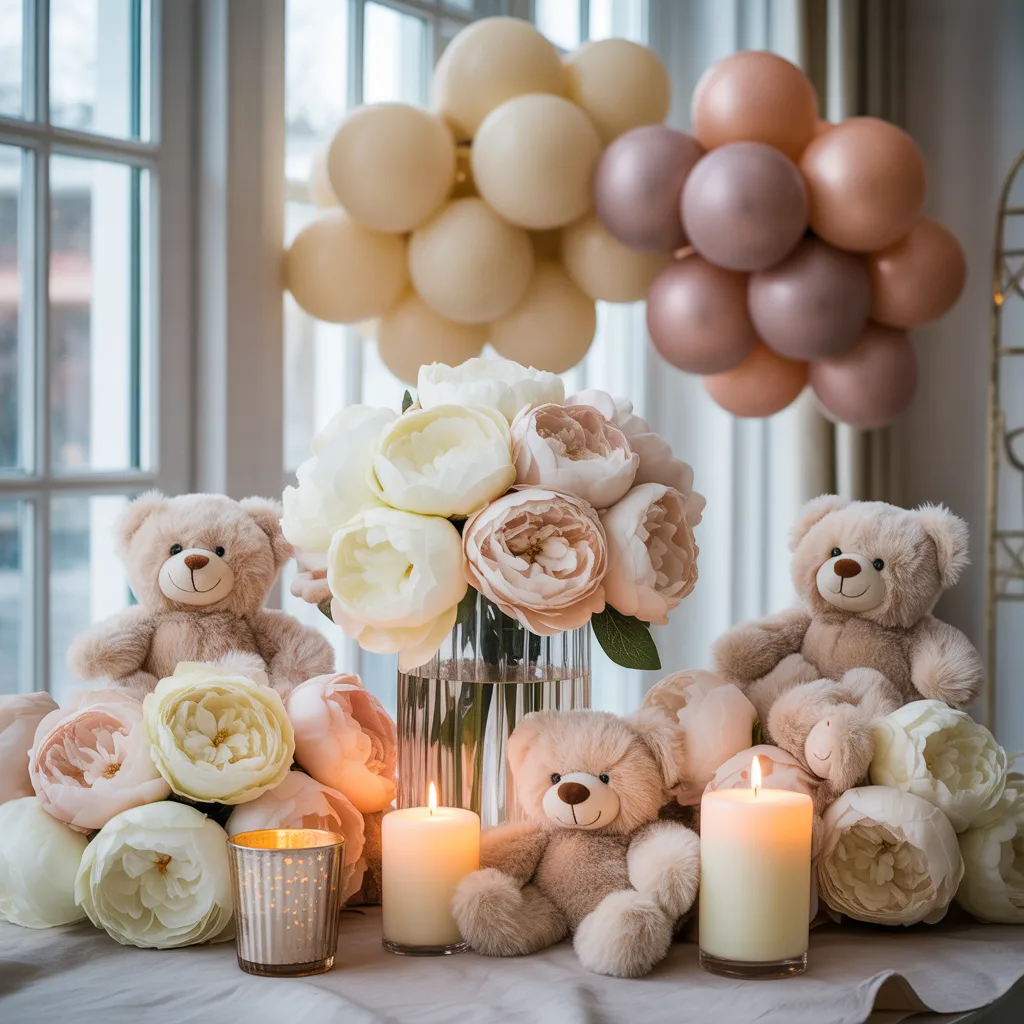 Soft baby shower decoration with teddy bear detail, flowers, candles, and elegant neutral balloons.