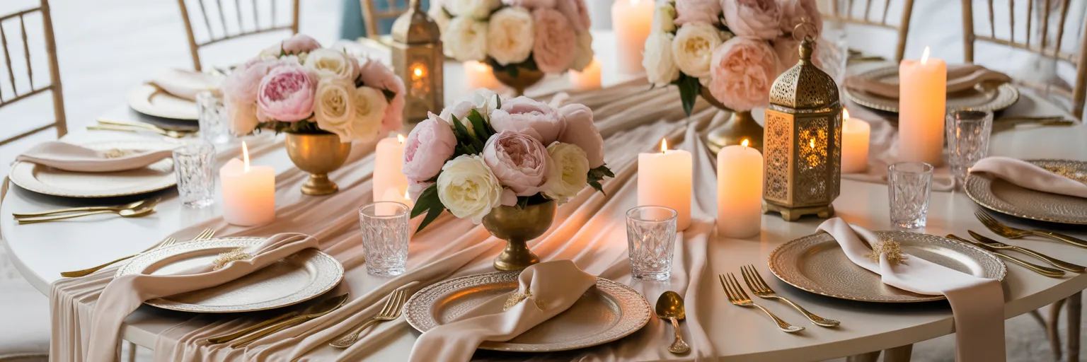 Elegant event setup with flowers, candles, and refined table styling in soft neutral tones for Maison Sara call-to-action section.