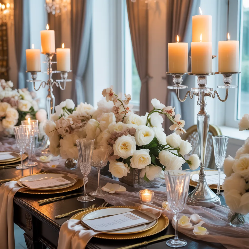 Luxury wedding reception table with elegant flowers, candles, and soft champagne tones.