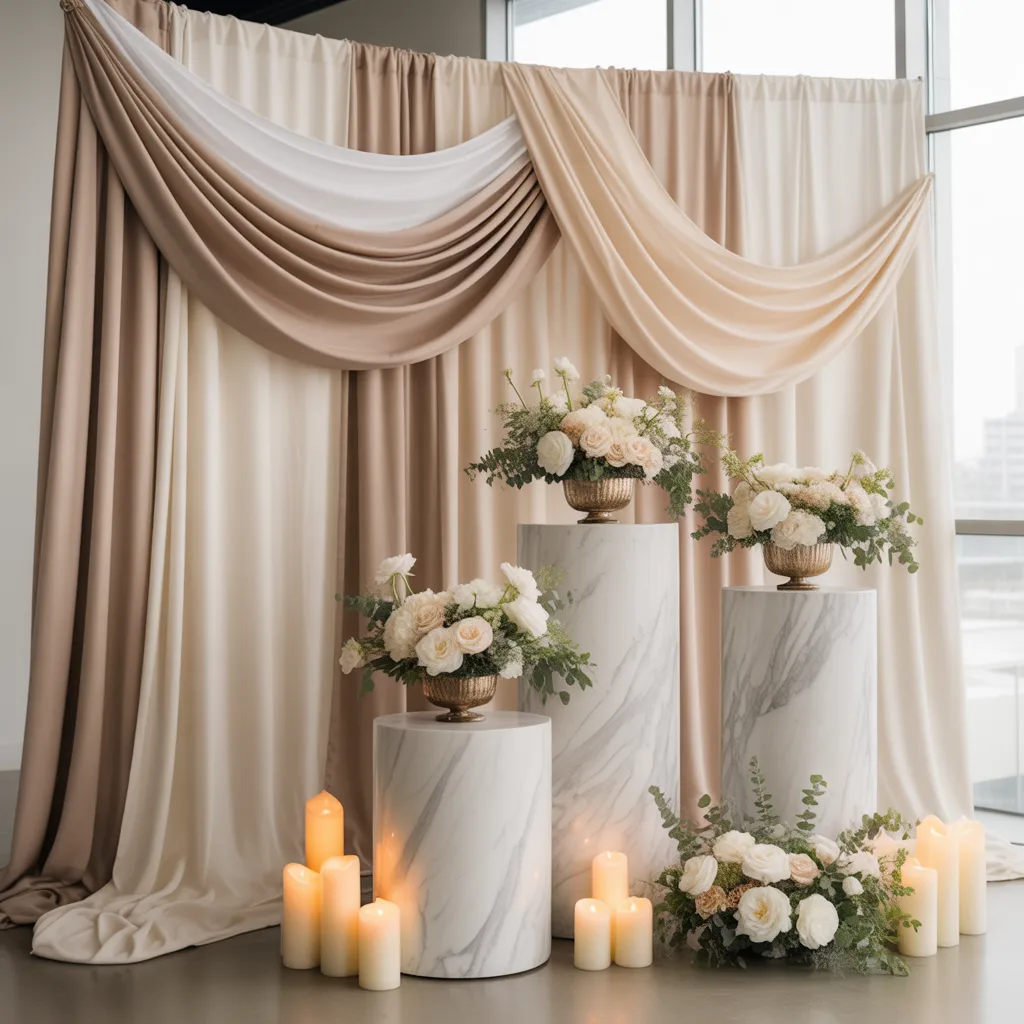 Elegant event photo corner with draped backdrop, floral arrangements, candles, and sculptural stands.