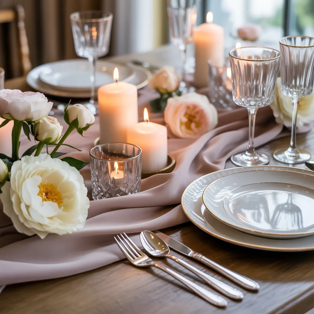 Elegant close-up of premium event decoration details with flowers, candles, crystal glassware, and soft neutral tones for Maison Sara.