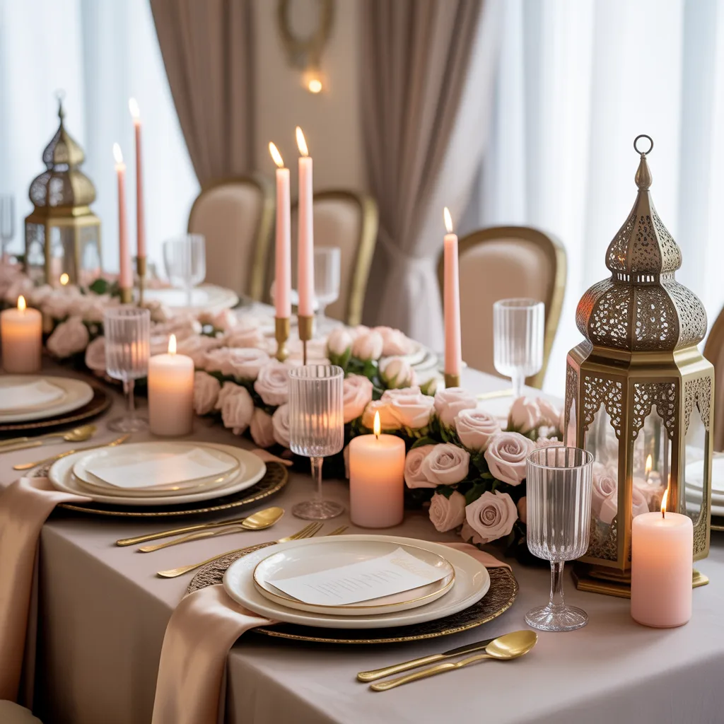 Elegant event table close-up with crystal glasses, candles, flowers, and gold flatware.
